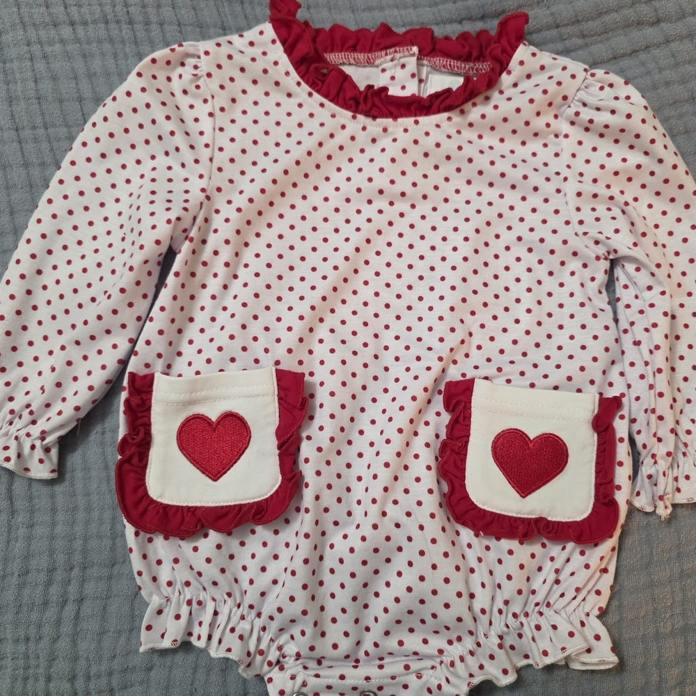 Baby Girl White Polka Dot One-Piece Bodysuit with Red Heart Pockets